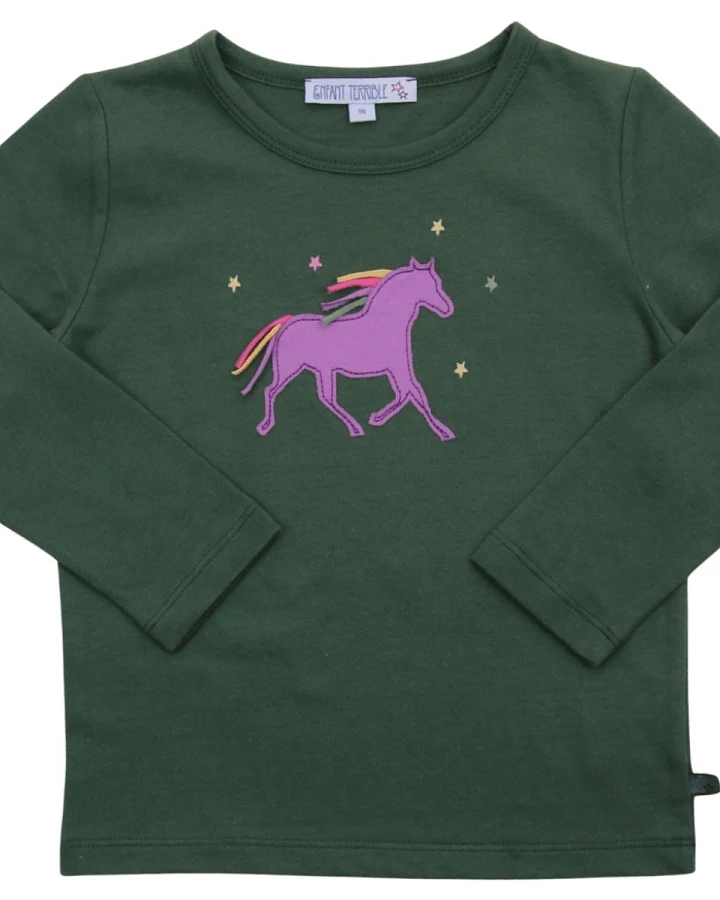 Kinder Langarmshirt mit Pferdeapplikation Bio-Baumwolle dark green Gr. 86/92