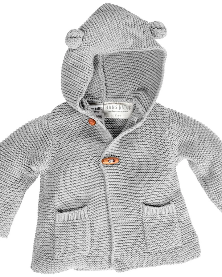 Baby und Kinder Strickjacke mit Kapuze Bio-Baumwolle hellgrau Gr.98/104