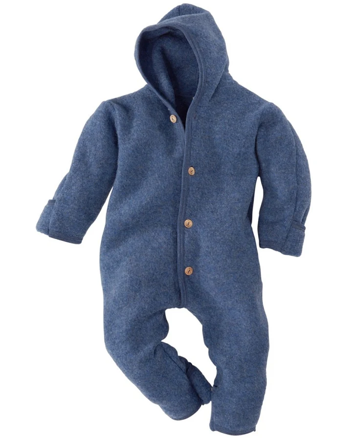 Engel Natur Baby Kapuzenoverall Bio-Merinowolle Fleece melange-blau Gr. 62/68