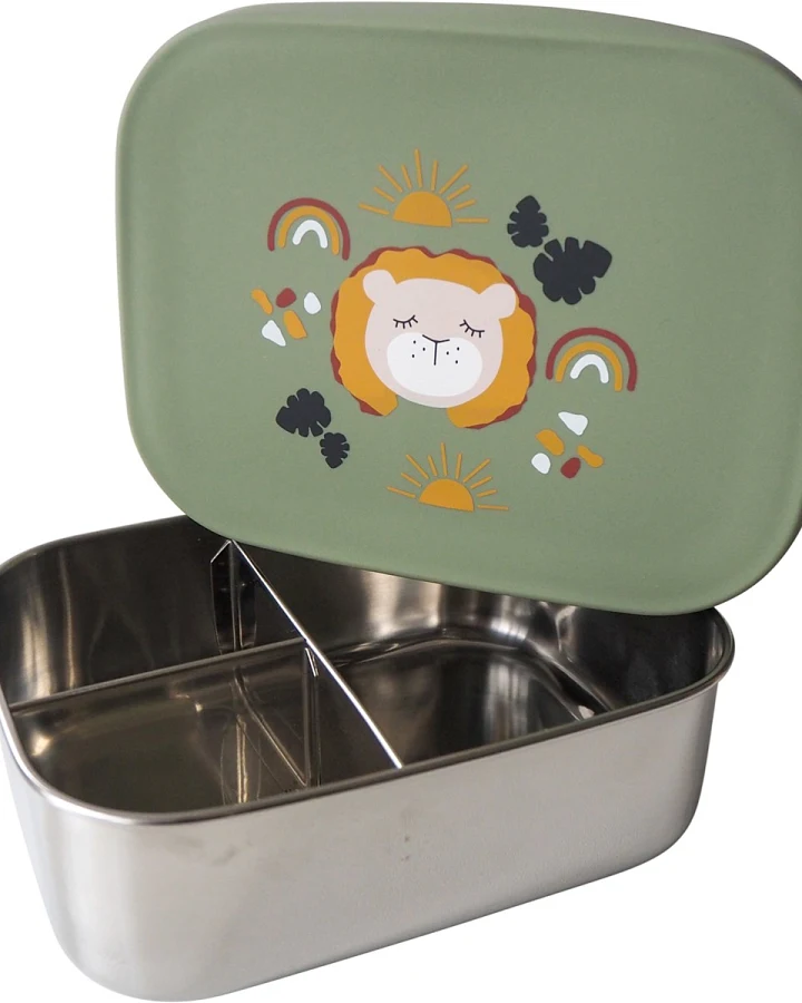 Kinder Edelstahl Brotdose Silikondeckel Löwe olive Maße 17 x 13 x 5,5 cm Fassungsvermögen 900 ml