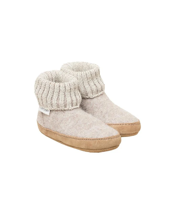 Kinder Hüttenschuhe Hausschuhe Wollwalk Ledersohle beige melange Gr.25