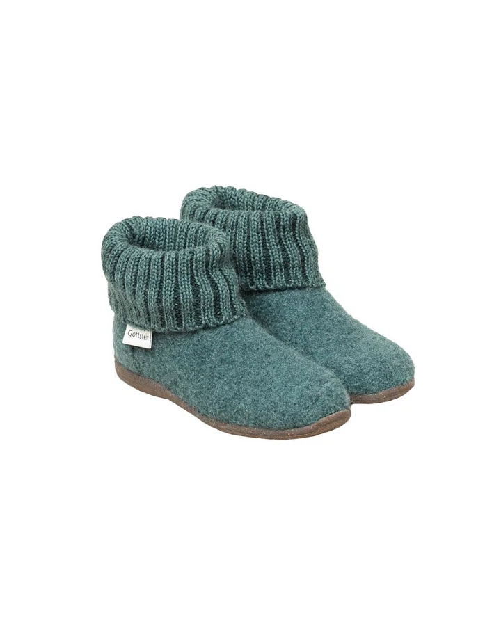 Kinder Hausschuhe Hüttenschuhe Wollwalk Gummi-Kork Sohle oceangreen Gr.26
