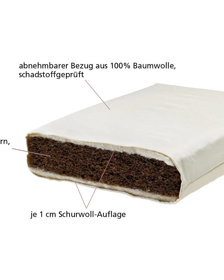 Lonsberg Kindermatratze Kokos mit Auflage 60x120 cm (fest) Abnehmbarer Baumwollbezug (schadstoffgeprüft)