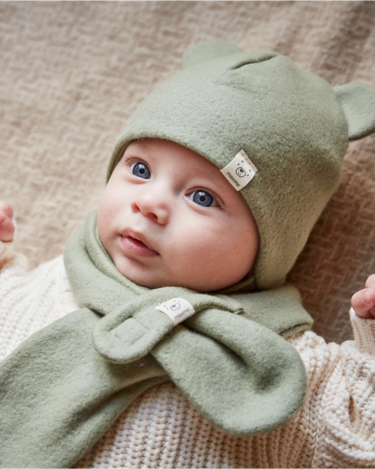 Baby Mütze mit Öhrchen Bio-Baumwolle Fleece mineral-hellbraun-meliert Gr. 43 – Ansicht 2