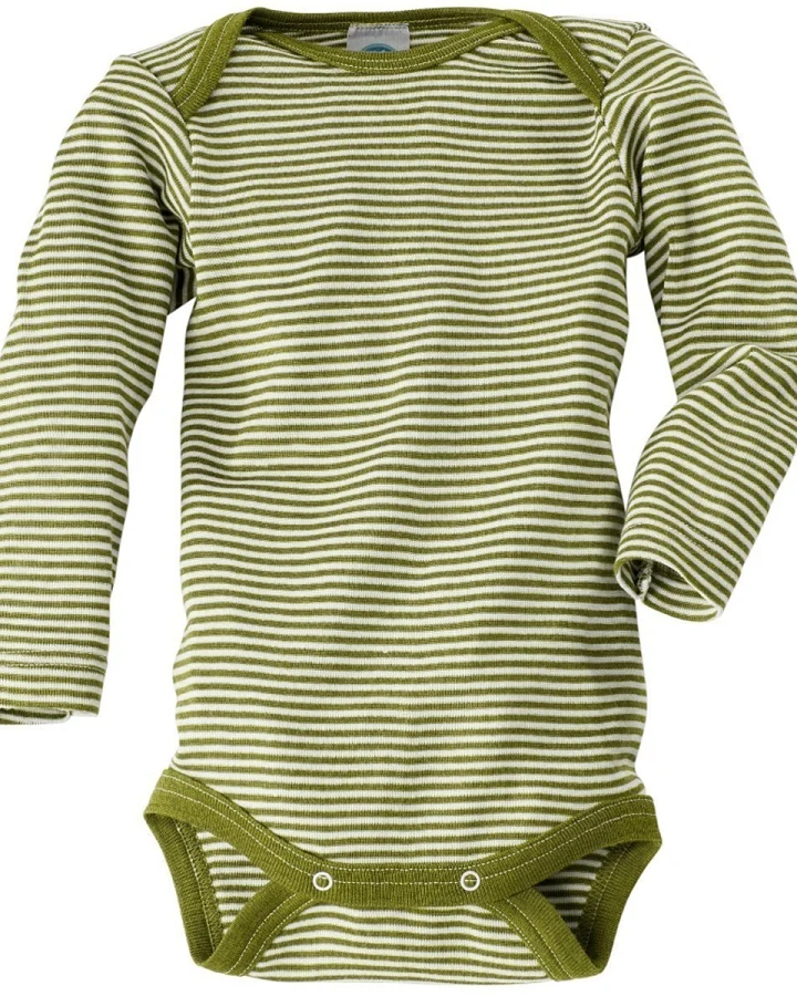 Cosilana Baby Body Langarm Wolle Seide grün-geringelt Gr. 62/68