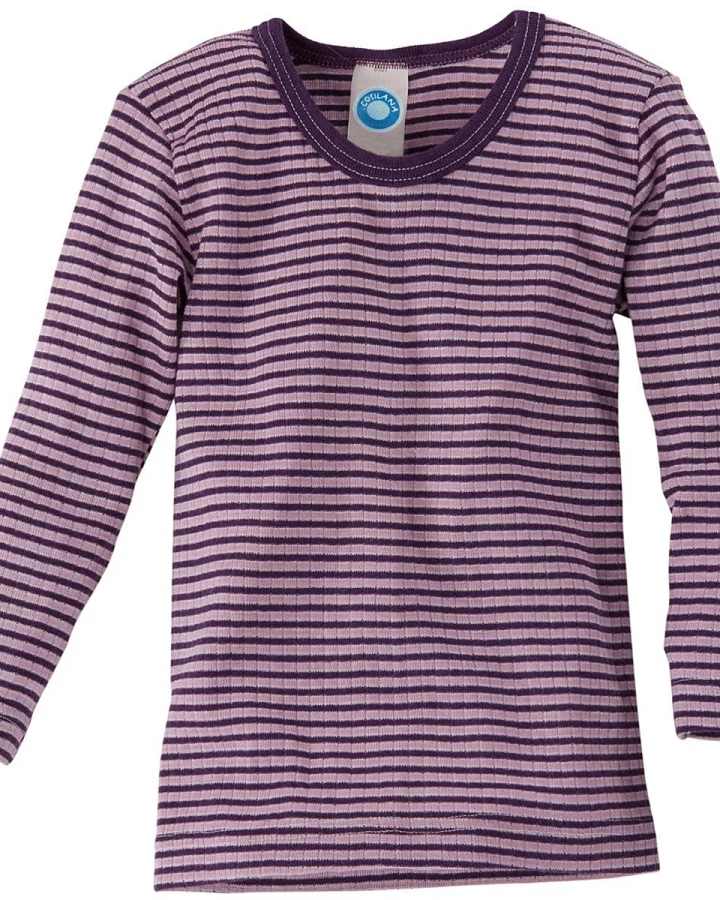 Cosilana Kinder Hemd Langarm Baumwolle-Wolle-Seide rosa-pflaume-geringelt Gr.92