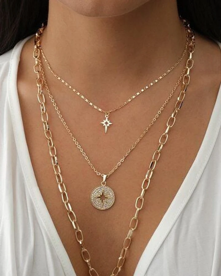 noca Mehrreihiges Design Nordstern-Kette mit Zirkonia – drei Reihen in Gold