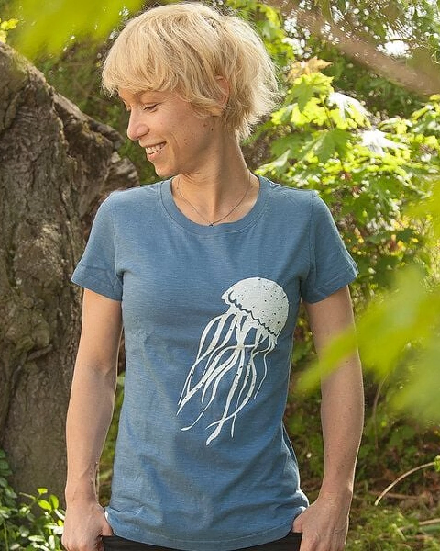 päfjes Qualle Jellyfish - Frauen T-Shirt - Fair gehandelt aus Baumwolle Bio - Slub Blau – Ansicht 4