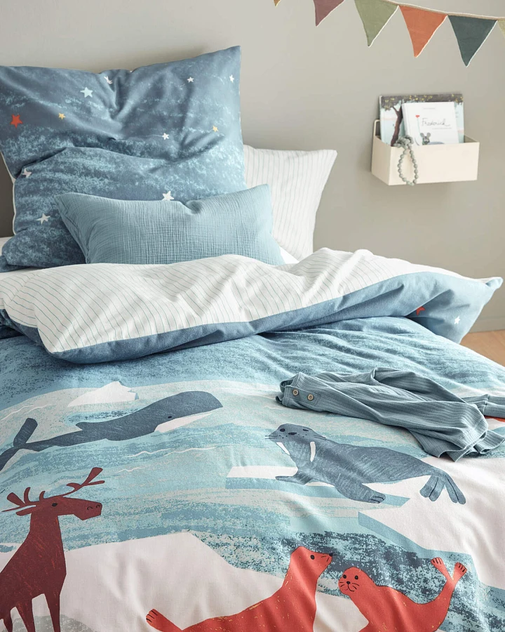hessnatur Baby Biber Wendebettwäsche aus Bio-Baumwolle - blau - Größe 100x135 / 40x60 cm