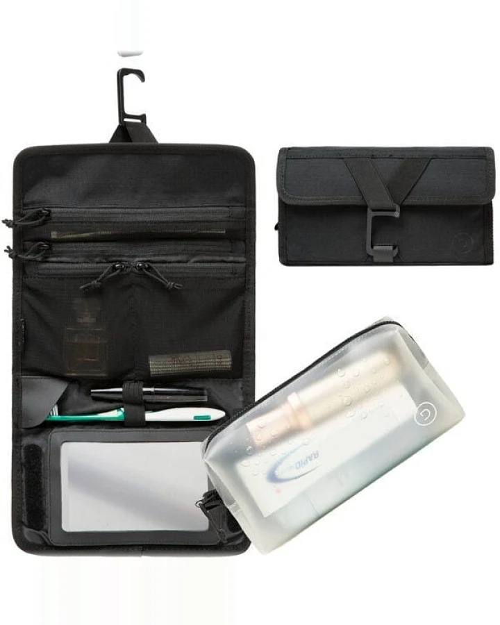 TRAVEL DUDE Faltbare Kulturtasche für Damen und Herren, Kulturbeutel zum Aufhängen, flache Waschtasche und Kosmetiktasche klein, Duschtasche Camping mit 1 Liter Beutel Flugzeug Handgepäck