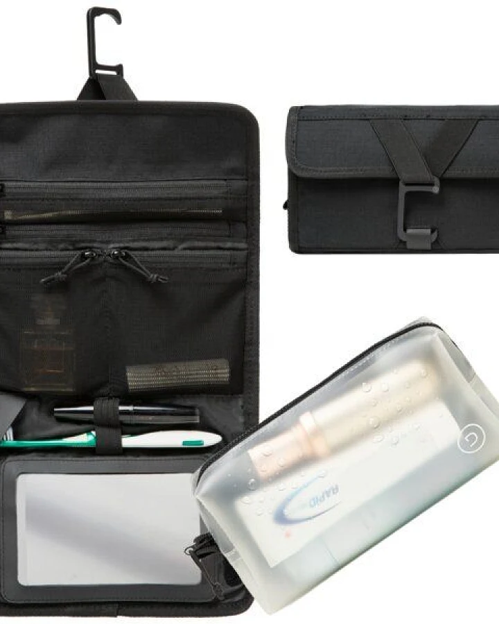TRAVEL DUDE Faltbare Kulturtasche für Damen und Herren, Kulturbeutel zum Aufhängen, flache Waschtasche und Kosmetiktasche klein, Duschtasche Camping mit 1 Liter Beutel Flugzeug Handgepäck