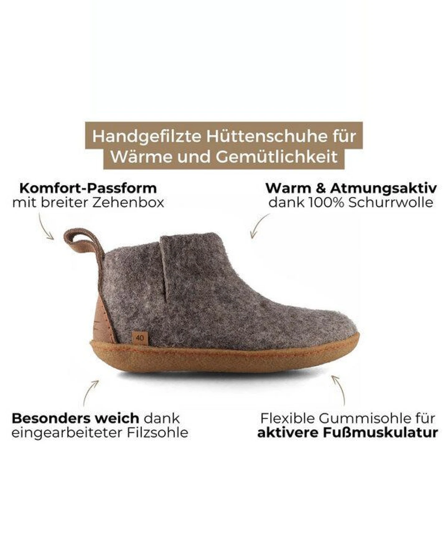 WoolFit Yeti Filzboots hohe Hausschuhe mit Naturgummisohle, handgefilzt aus 100% Wolle – Ansicht 3