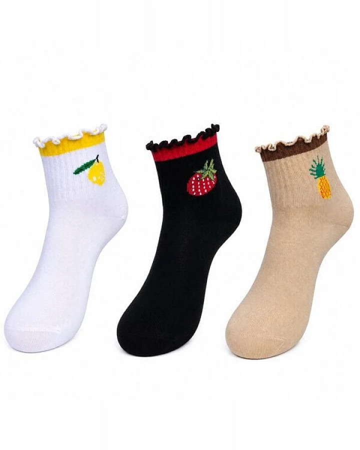 Bruno Barella Damen Bio Sneaker Socken 3er Set – Herz, Cocktail & Früchte Muster