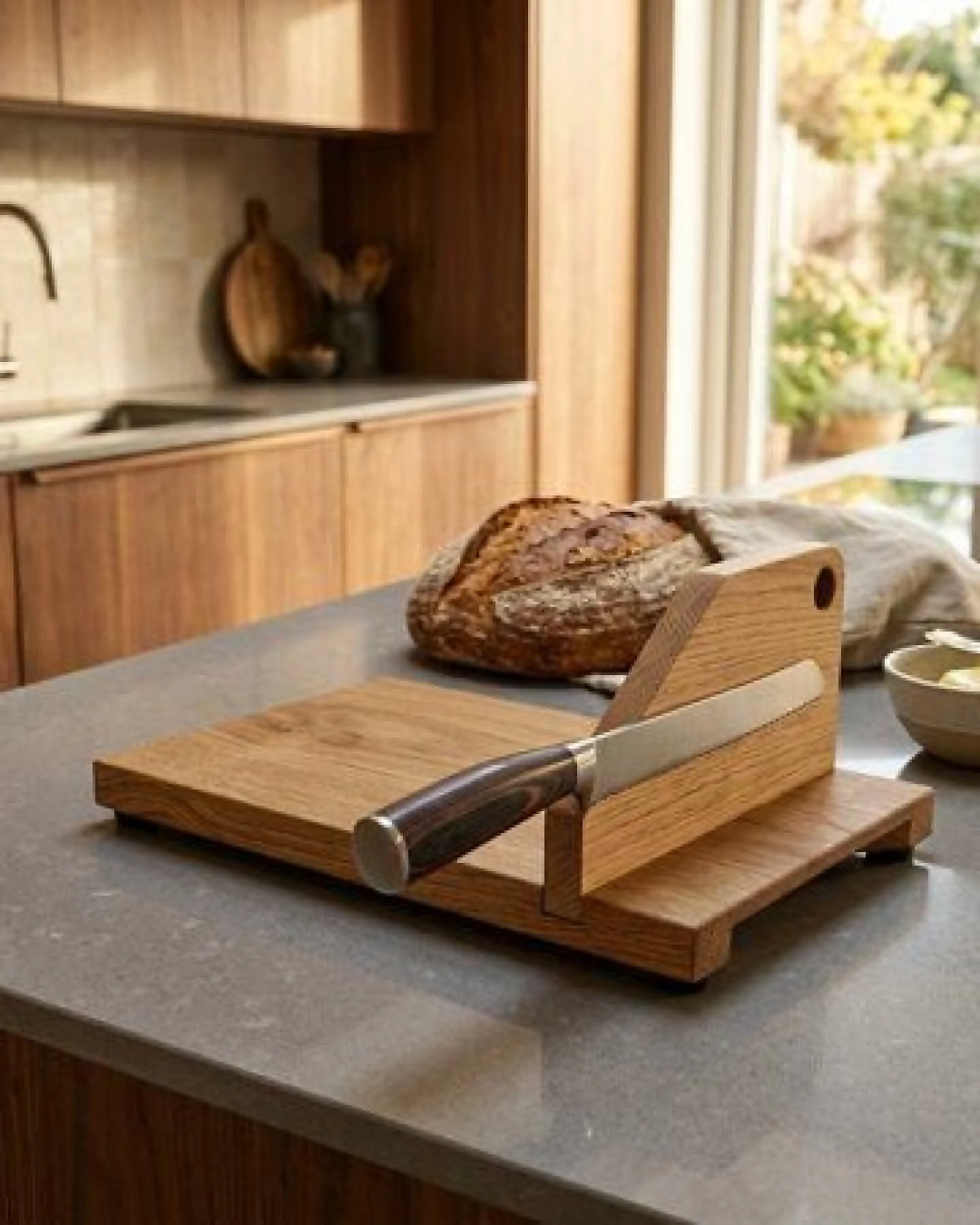 Woodkopf Premium Brotschneidebrett aus Holz mit Messerhalter – Ansicht 2