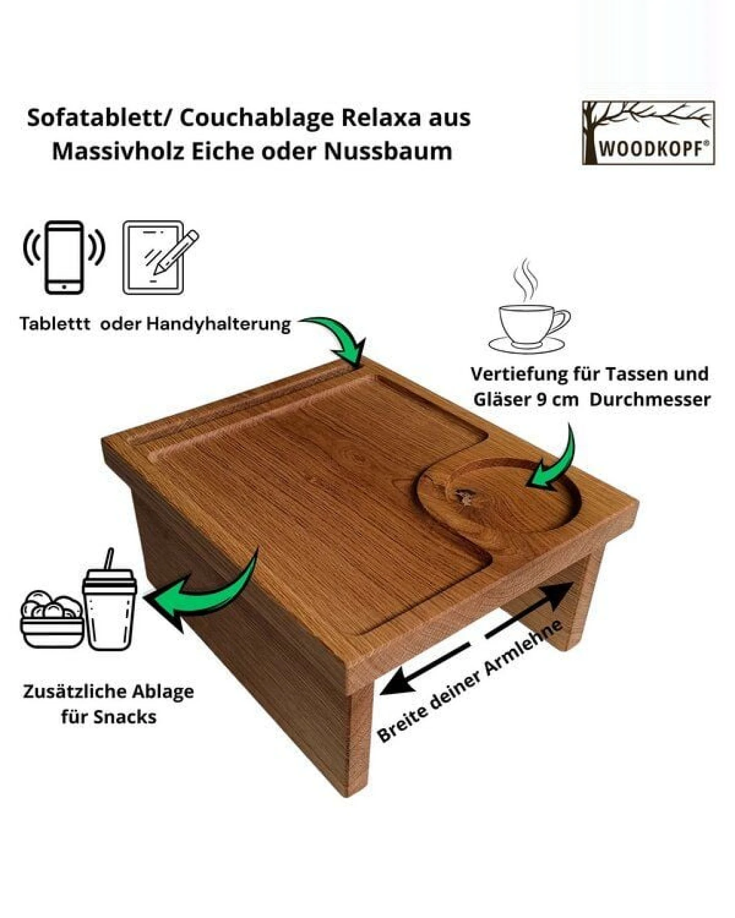 Woodkopf Sofatablett/ Couchablage Relaxa aus Massivholz Eiche – Ansicht 3