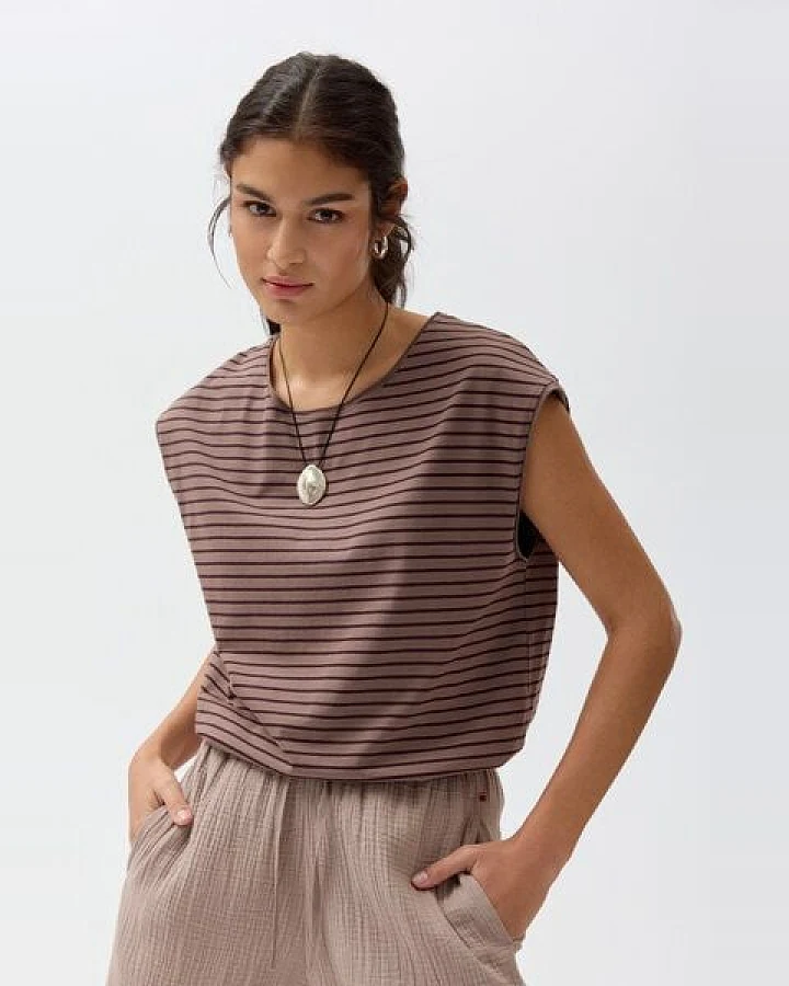 People Wear Organic Ajour Kurzarm Pullover, braun uni, Bio-Baumwolle