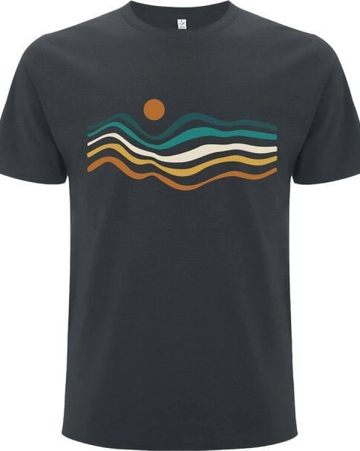 Spreecult Minimalistischer Retro Sunset - Bio und Fair - Männer Unisex T-Shirt - Sonne Meer Wellen