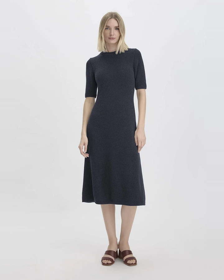 hessnatur Damen Strick Kleid Midi Slim aus Bio-Baumwolle - blau - Größe L