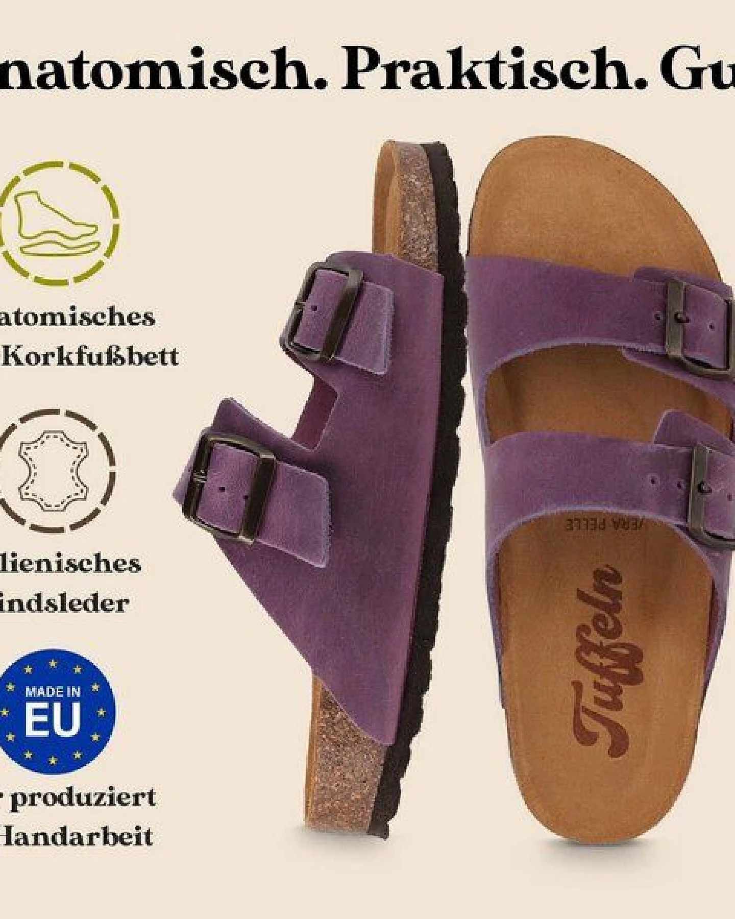 Tuffeln Leder-Pantoletten Föhr mit weichem Kork-Fußbett Zweischnaller-Sandalen – Ansicht 3