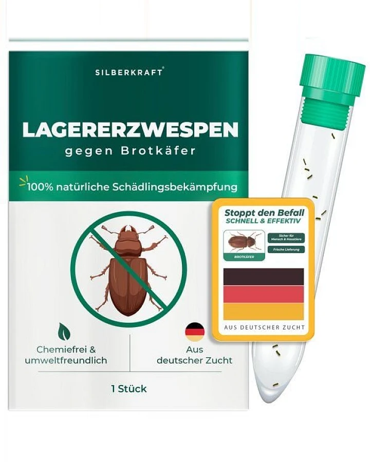 Silberkraft Lagererzwespen gegen Brotkäfer, Tabakkäfer, Kugelkäfer, Messingkäfer (Lariophagus distinguendes, Anisopteromalus calandrae)