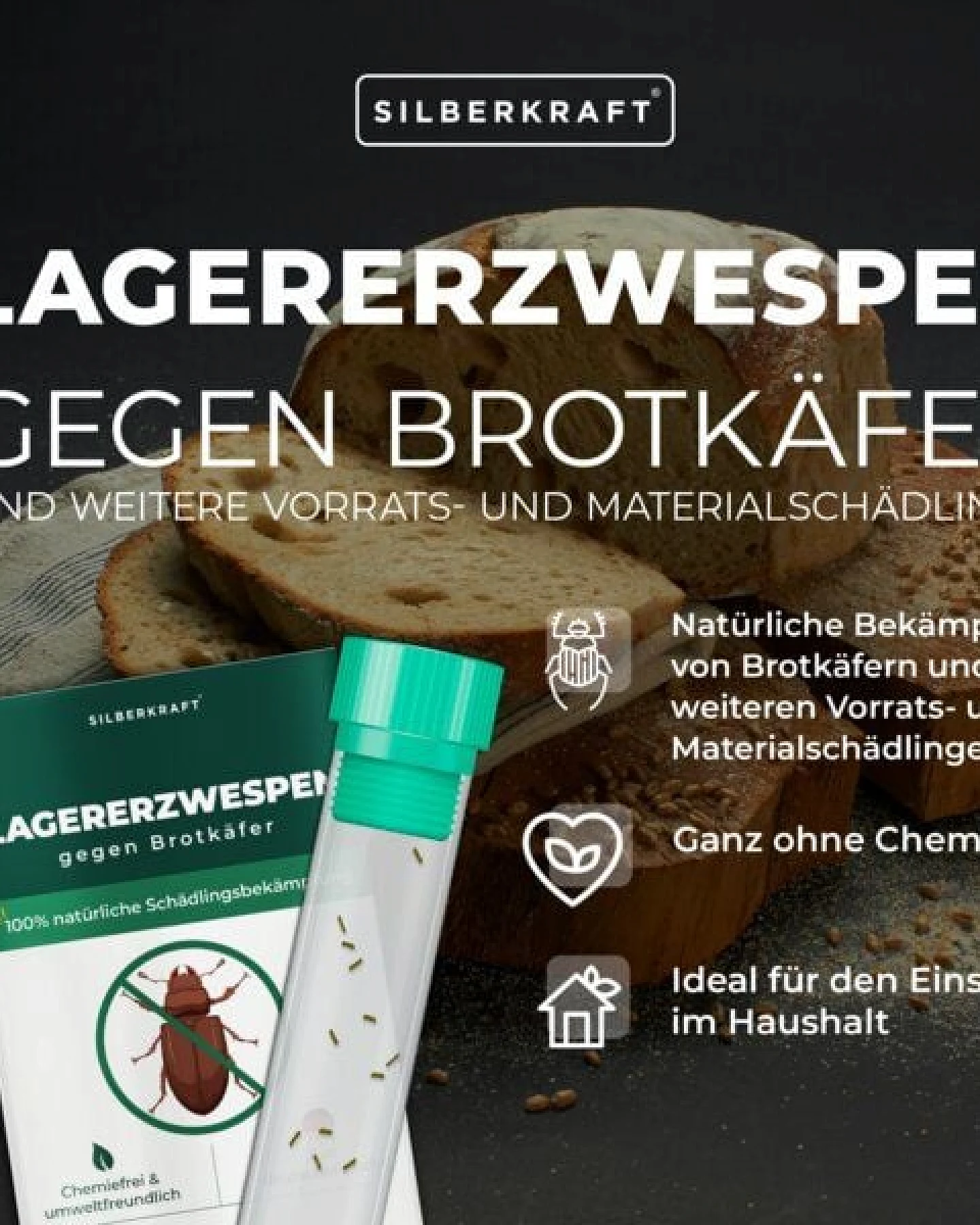 Silberkraft Lagererzwespen gegen Brotkäfer, Tabakkäfer, Kugelkäfer, Messingkäfer (Lariophagus distinguendes, Anisopteromalus calandrae) – Ansicht 2