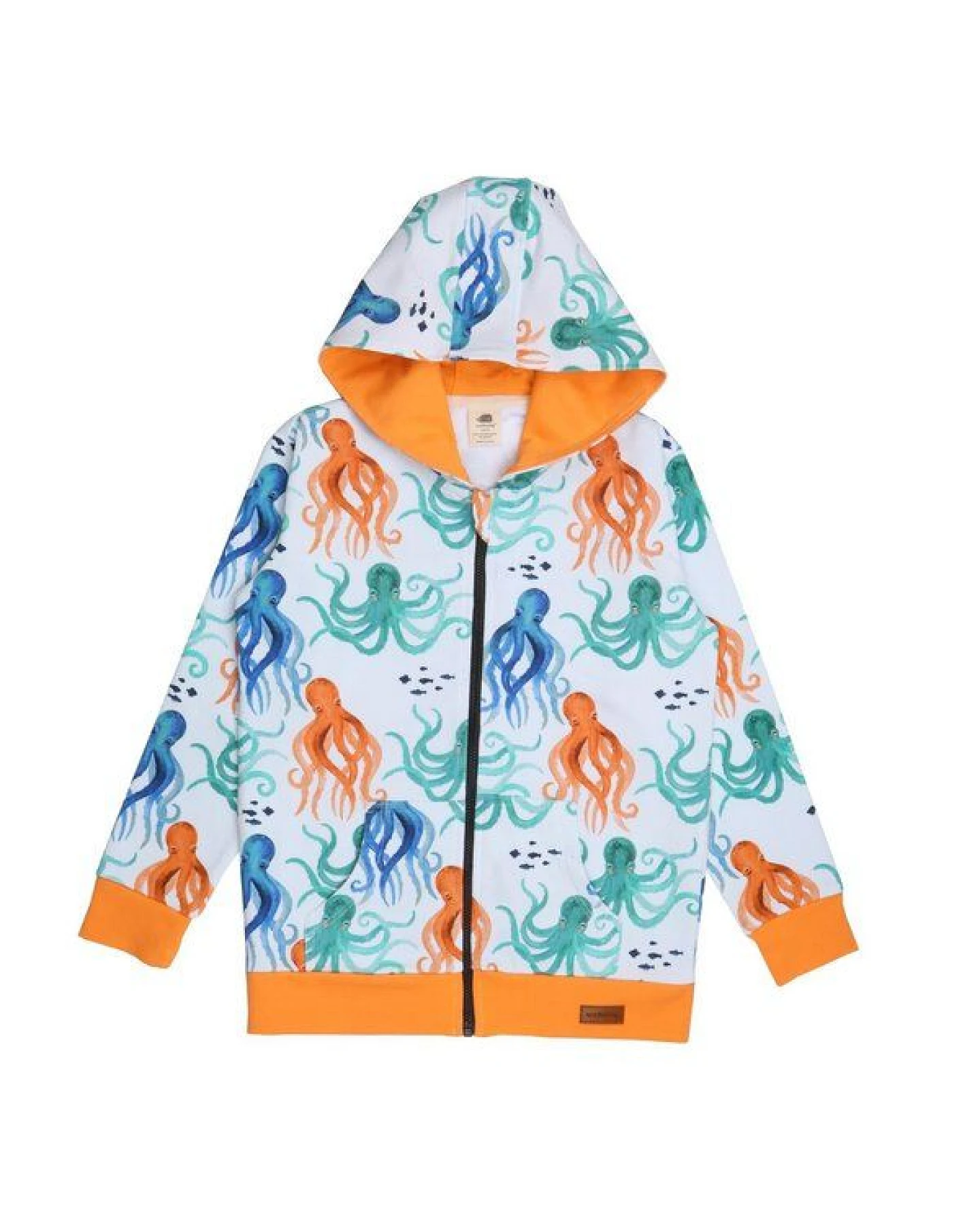 Kinder Kapuzenjacke GOTS zertifiziert, 95% Bio-Baumwolle, weiß/orange, Oktopus-Muster, Reißverschluss – Walkiddy – Ansicht 2