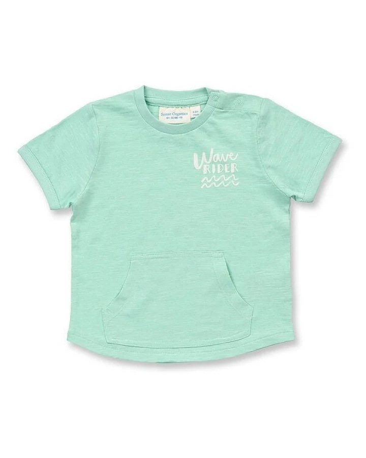 Sense Organics Baby T-Shirt in mintgrün mit Kängurutasche, Modell TAMO