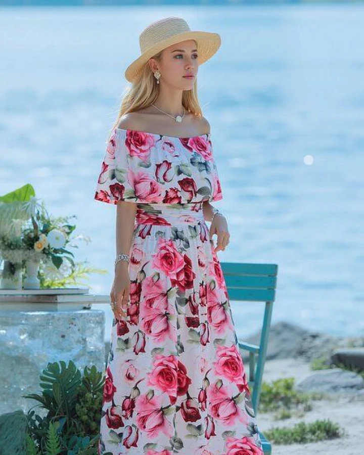 Ingoria Eliana Maxikleid mit Carmen-Ausschnitt (Print)