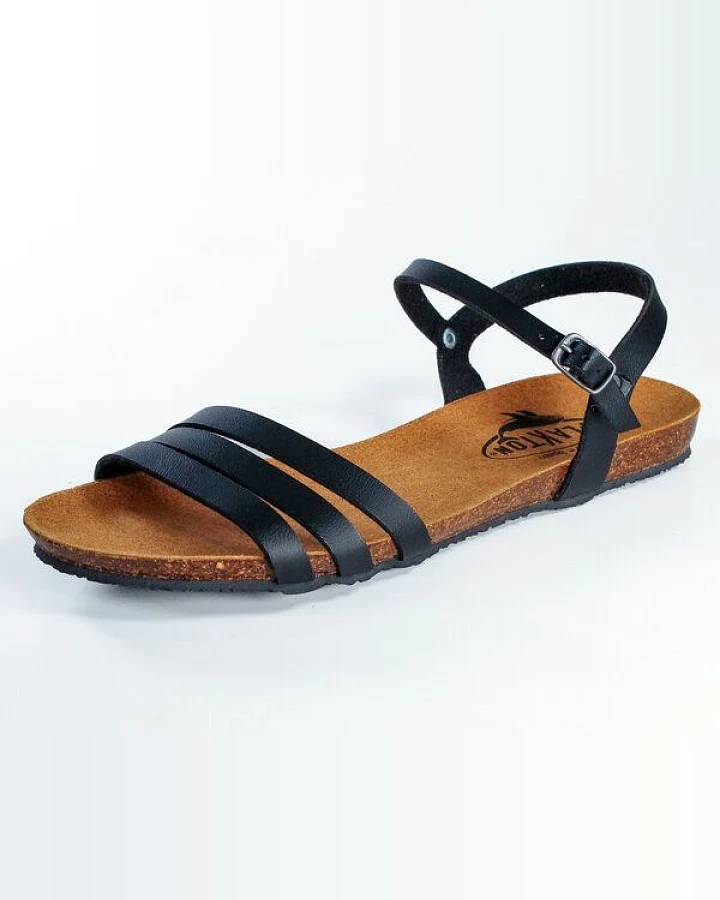 Plakton Vegane Damen flache Sandale MAM ALOU mit Korksohle und einstellbarer Schnalle (schwarz)