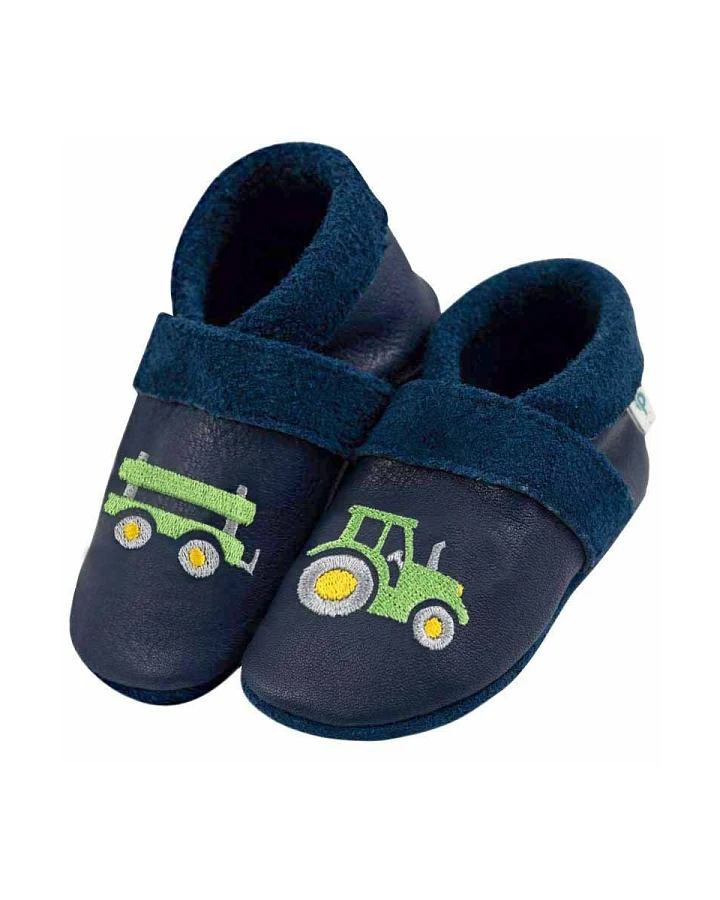 Baby und Kinder Lederpuschen Krabbelschuhe Trecker mit Anhänger blau Gr.18/19