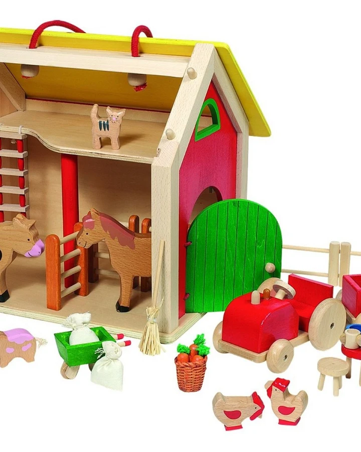 goki Koffer Farmhaus mit Zubehör aus Holz 33x26x28 cm