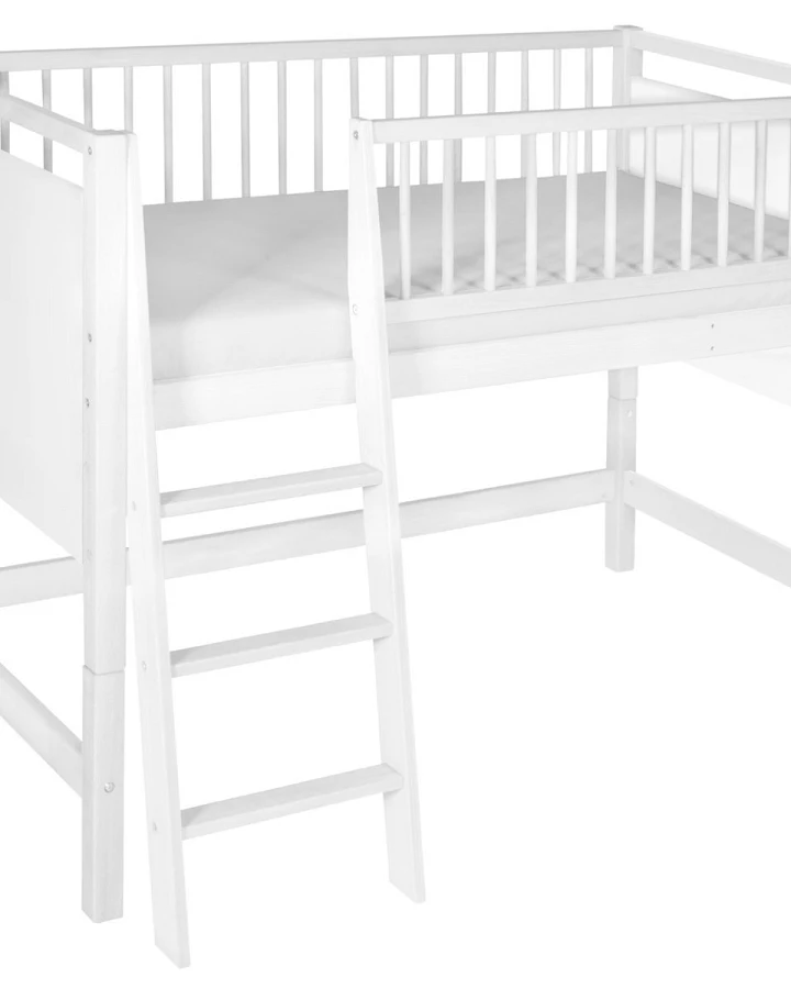 Hochbett 3-in-1, Buche massiv, weiß lackiert Gitterbett als Baby-, Junior- und Hochbett