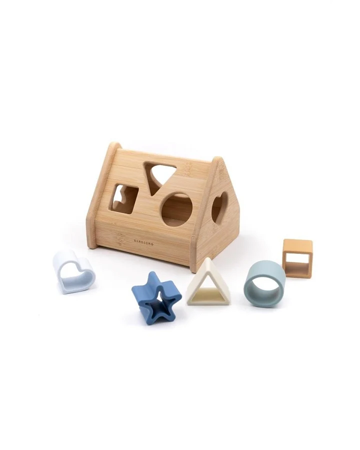 Steckspiel aus Bambusholz mit 5 Silikonformen blau Maße 17 x 13,5 x 13 cm