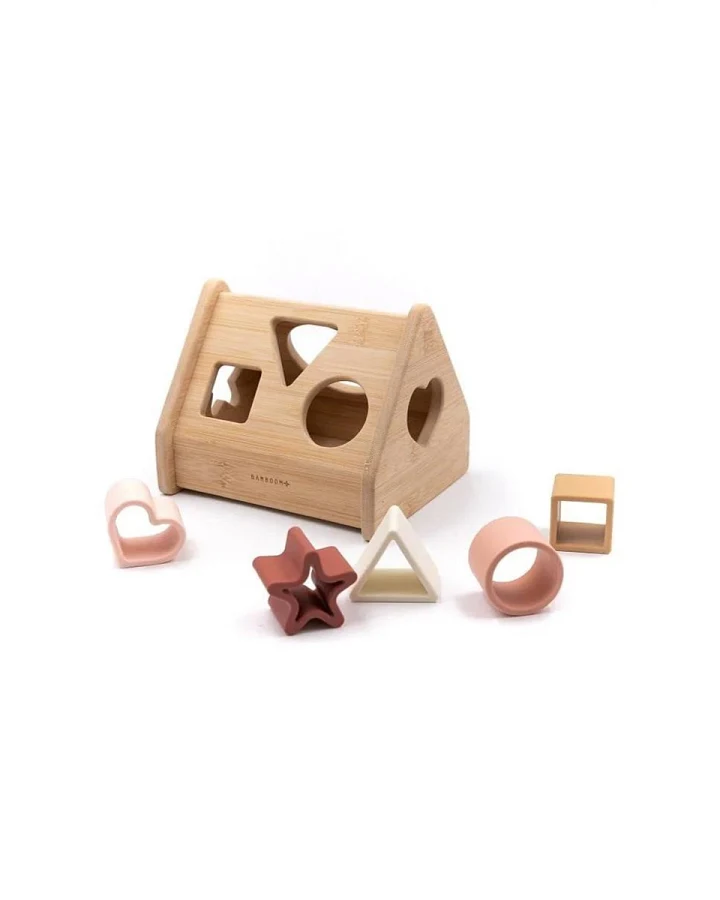 Steckspiel aus Bambusholz mit 5 Silikonformen pink Maße 17 x 13,5 x 13 cm