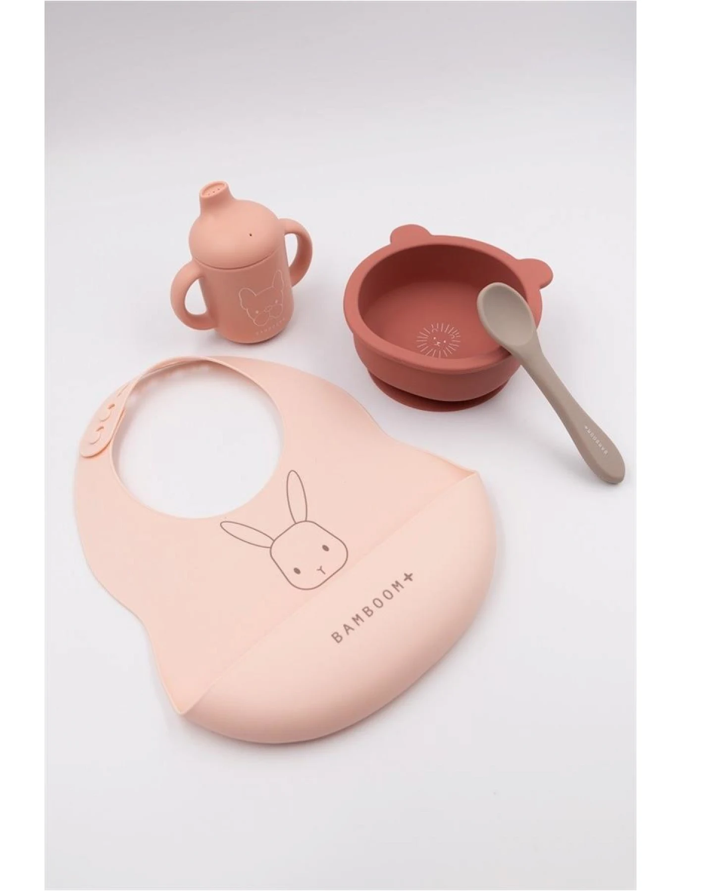 Geschirrset mit Löffel, Schüssel mit Saugnapf und Lätzchen aus Silikon pink Maße: Silikonlätzchen 47cm x 30 cm – Ansicht 2