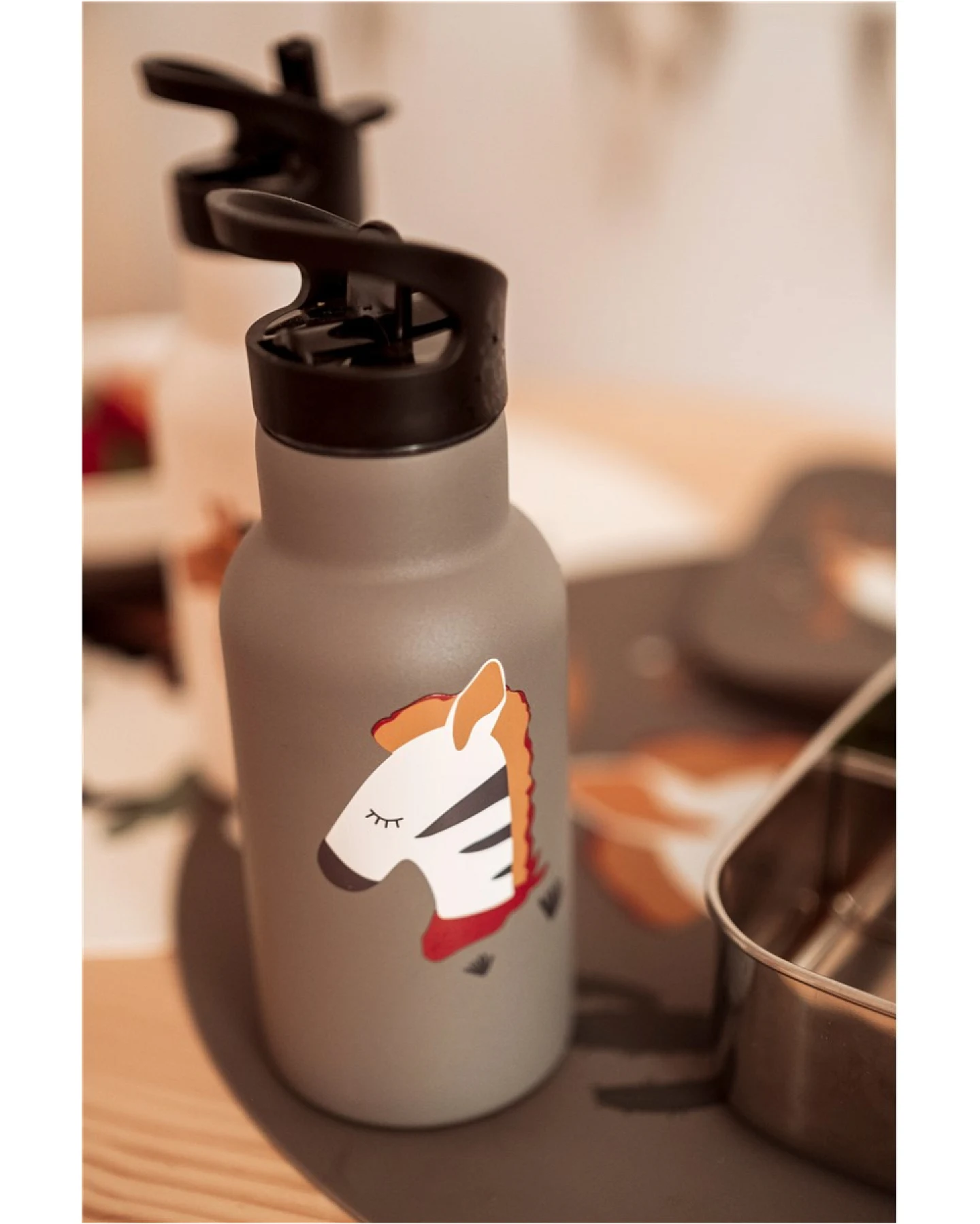 Kinder Edelstahl Trinkflasche Zebra grau Maße 20 x 7 cm, 350 ml – Ansicht 2