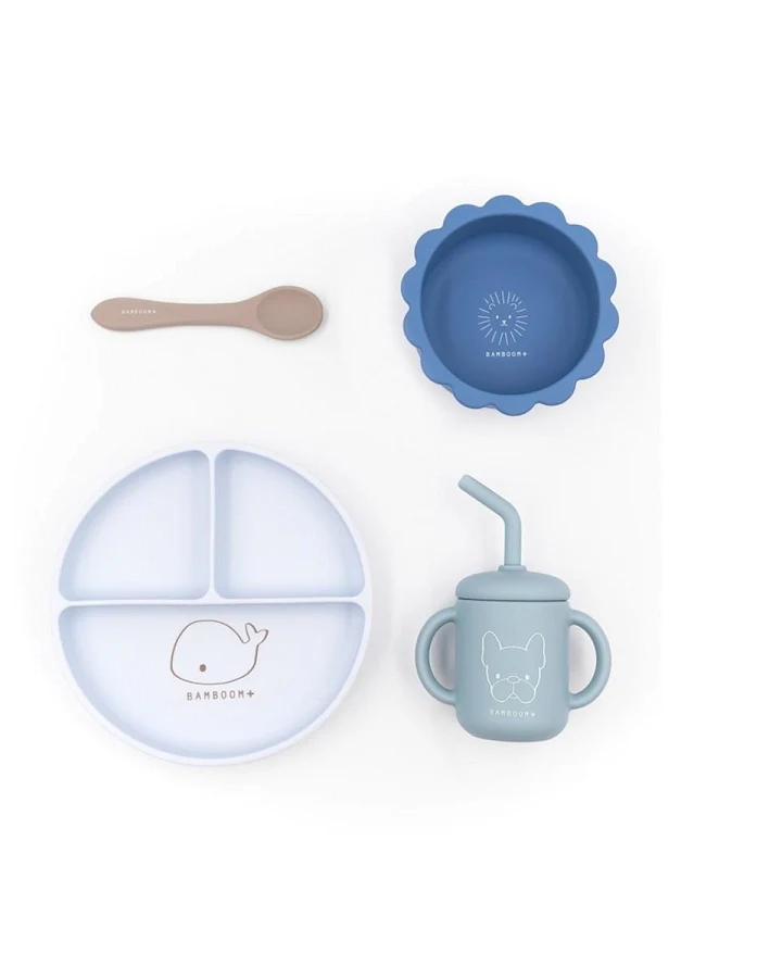 Kindergeschirr Set mit Löffel, Schüssel mit Saugnapf aus Silikon blau Maße: Kinderteller 6,6 cm Ø 15,3cm