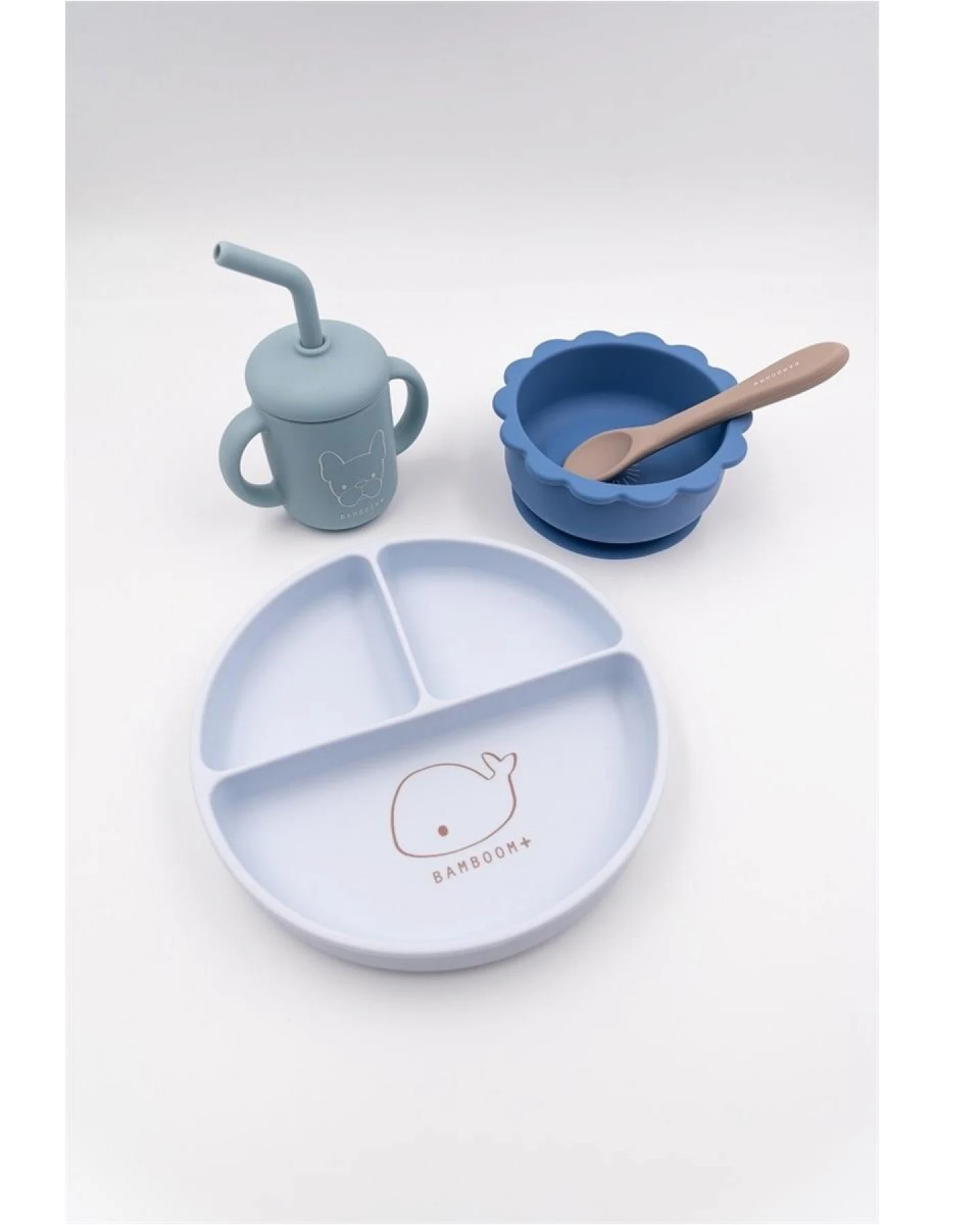 Kindergeschirr Set mit Löffel, Schüssel mit Saugnapf aus Silikon blau Maße: Kinderteller 6,6 cm Ø 15,3cm – Ansicht 2
