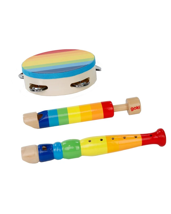 goki Kinder Musik-Set aus Holz, 3-teilig, bunt lackiert Blockflöte, Tamburin und Kolbenflöte