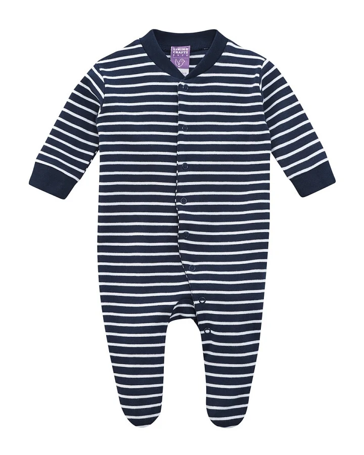 Living Crafts Baby und Kinder Schlafanzug Bio-Baumwolle mit Füßchen marine-weiß gestreift Gr. 68