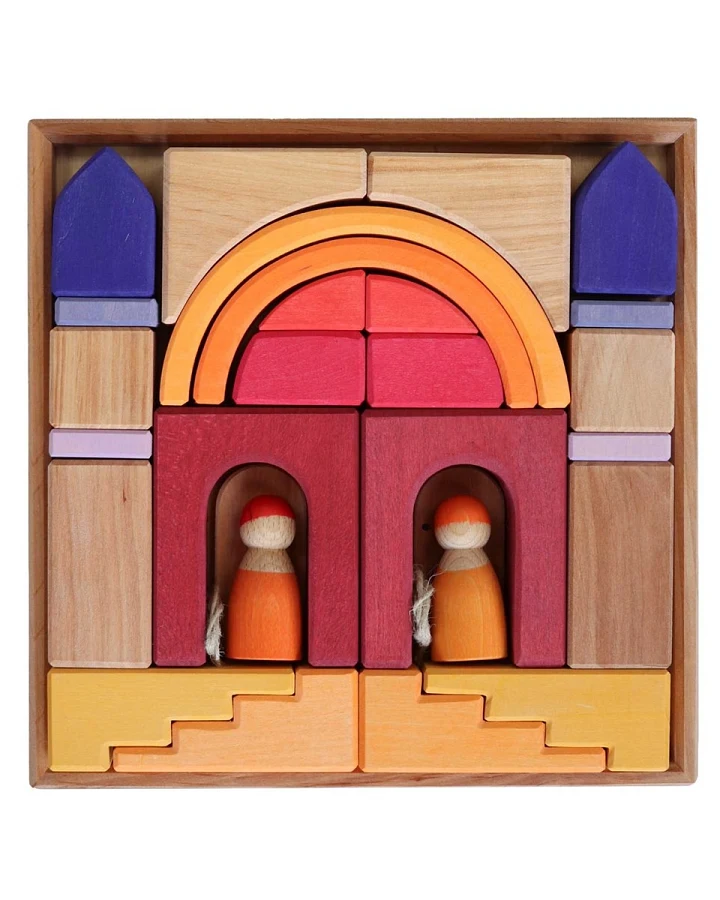 Produktseite: Grimms Bauwelt Wüstensand Holzbausteine 26-teilig, bunt lasiert Maße 26,5 x 26,5 x 5 cm