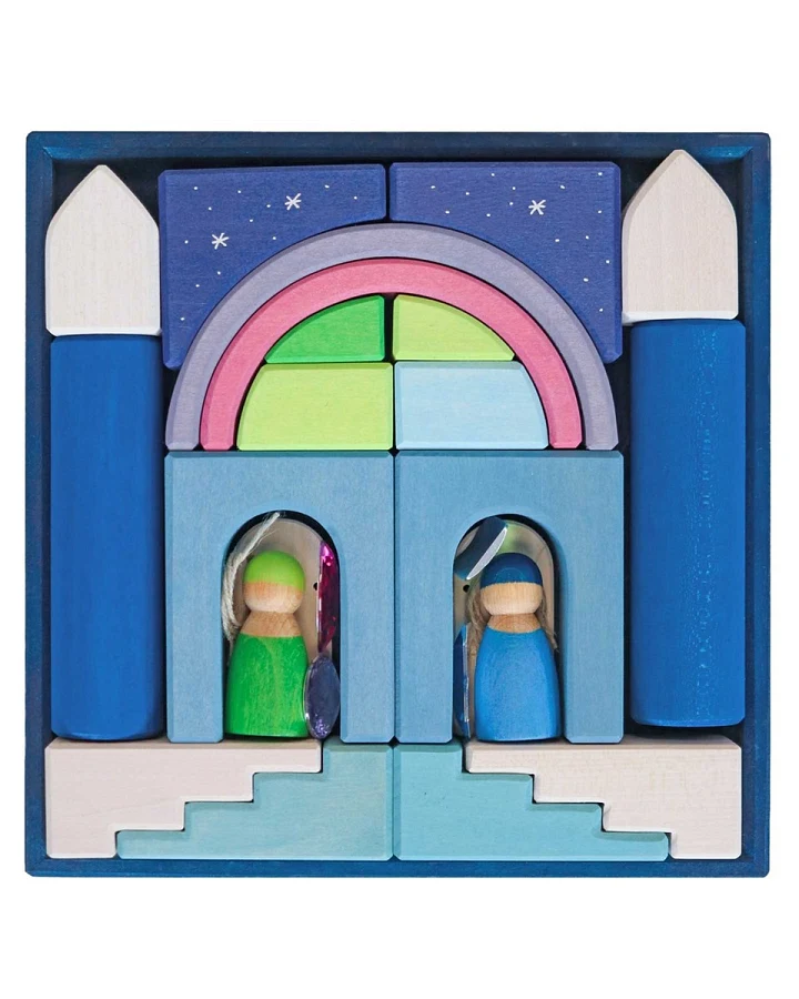 Produktseite: Grimms Bauwelt Polarlicht Holzbausteine 20-teilig, bunt lasiert Maße 26,5 x 26,5 x 5 cm