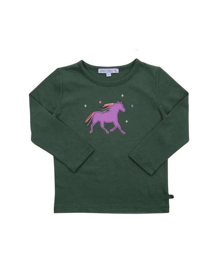Kinder Langarmshirt mit Pferdeapplikation Bio-Baumwolle dark green Gr. 86/92