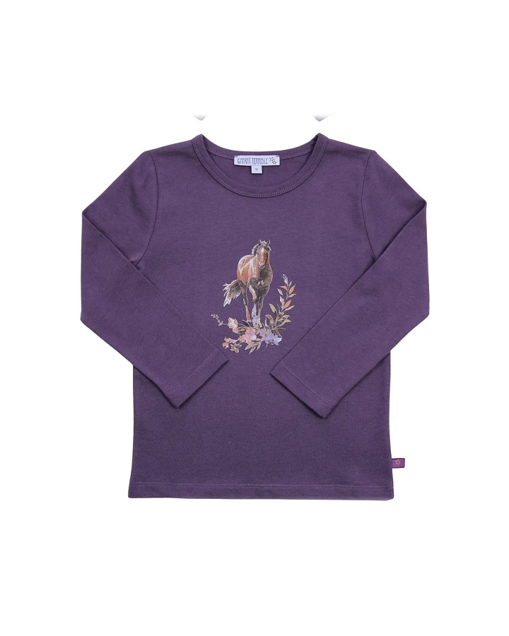 Kinder Langarmshirt mit Pferdedruck Bio-Baumwolle plum Gr. 86/92