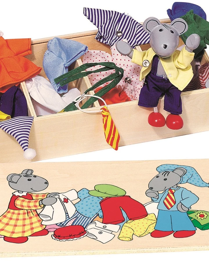 goki Biegepuppen Mäuse aus Holz mit Holzkiste und 8 Kleidung-Sets Maße 26,3 x 12,9 x 5,4 cm