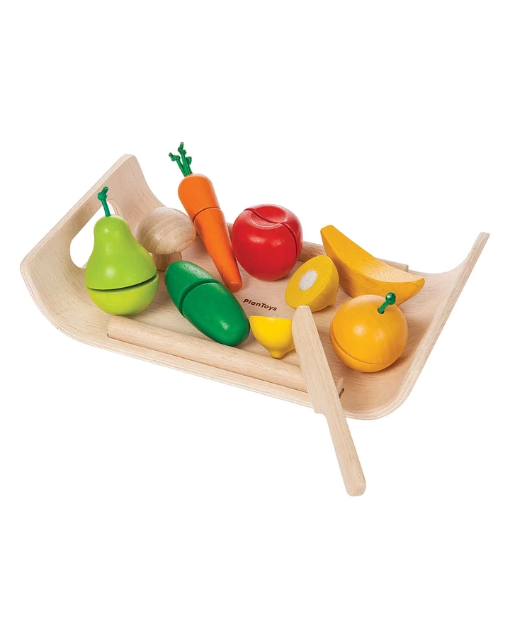 PlanToys Obst,Gemüse,Klettverbindung Spielküche Zubehör, Kautschukholz Maße 13 x 25 x 5 cm