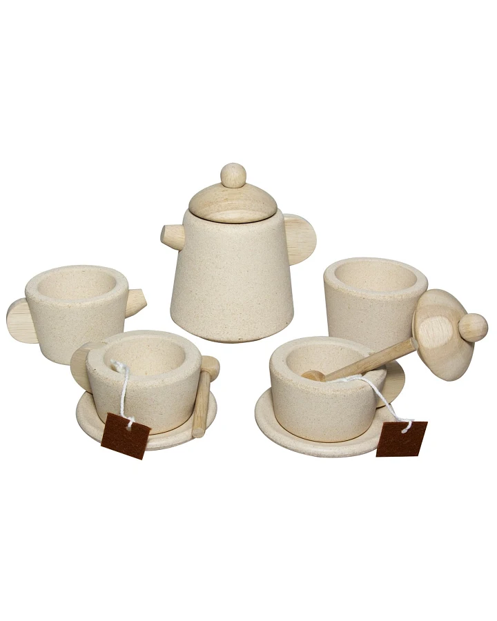 Produktseite: PlanToys Tee-Set für die Kinderküche aus recyceltem Kautschukholz Maße 7,5 x 9,0 x 9,5 cm