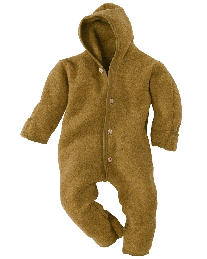 Engel Natur Baby Kapuzenoverall Bio-Merinowolle Fleece melange-safran Gr. 62/68