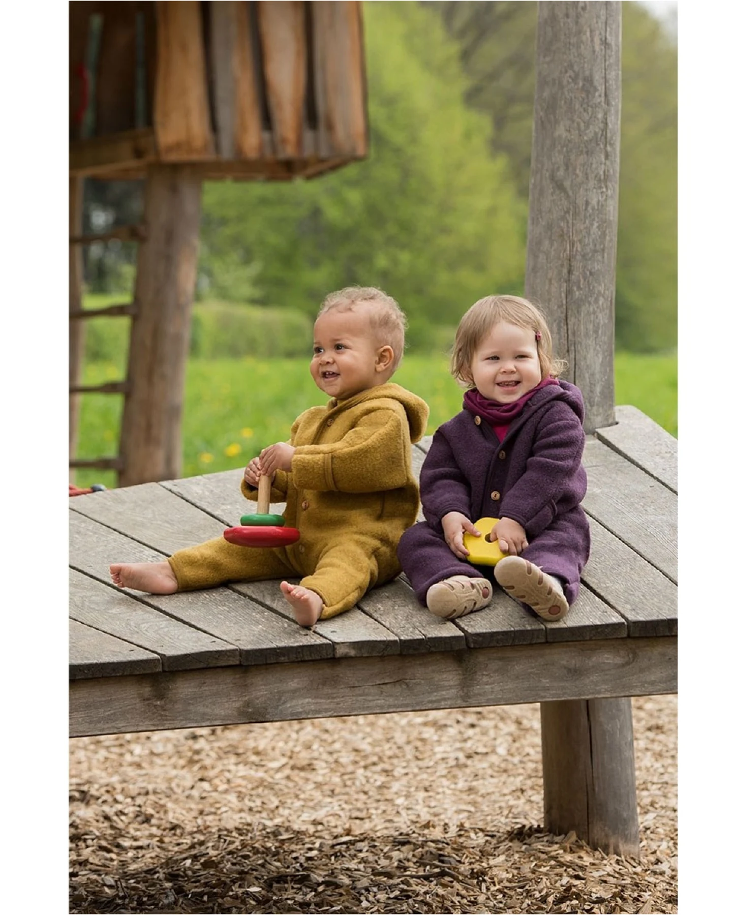 Engel Natur Baby Kapuzenoverall Bio-Merinowolle Fleece melange-safran Gr. 62/68 – Ansicht 2