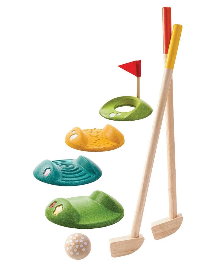 PlanToys Kinder Mini-Golf Komplettset aus recyceltem Kautschukholz, 9-teilig Maße 3 x 8 x 53,4 cm